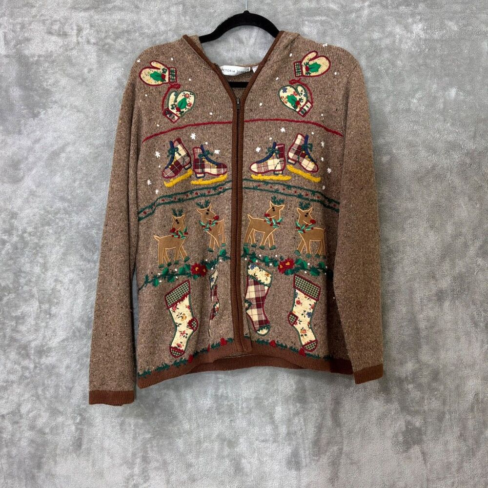 Vintage Victoria Jones Holiday full zip hooded sweater Women S brown wool blend